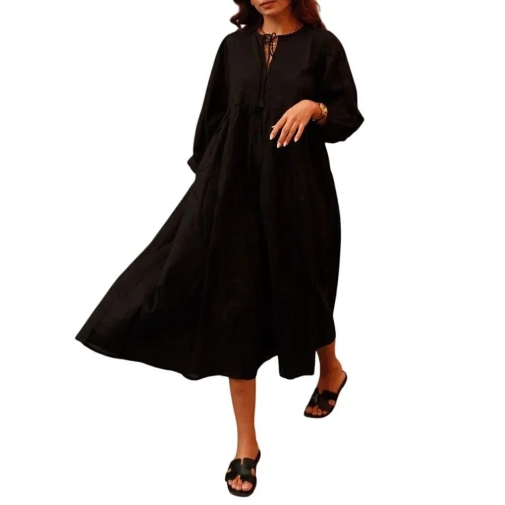 House Of Sandar Sara Midi Dress Black Oasis Flowy Puff Sleeve Tie Neck Size XXL